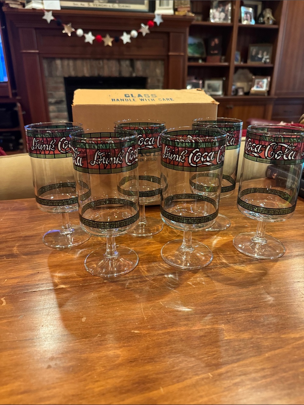 NIB VINTAGE Drink Coca Cola Stemmed 6 Glass Set Stained Glass Style Original Box